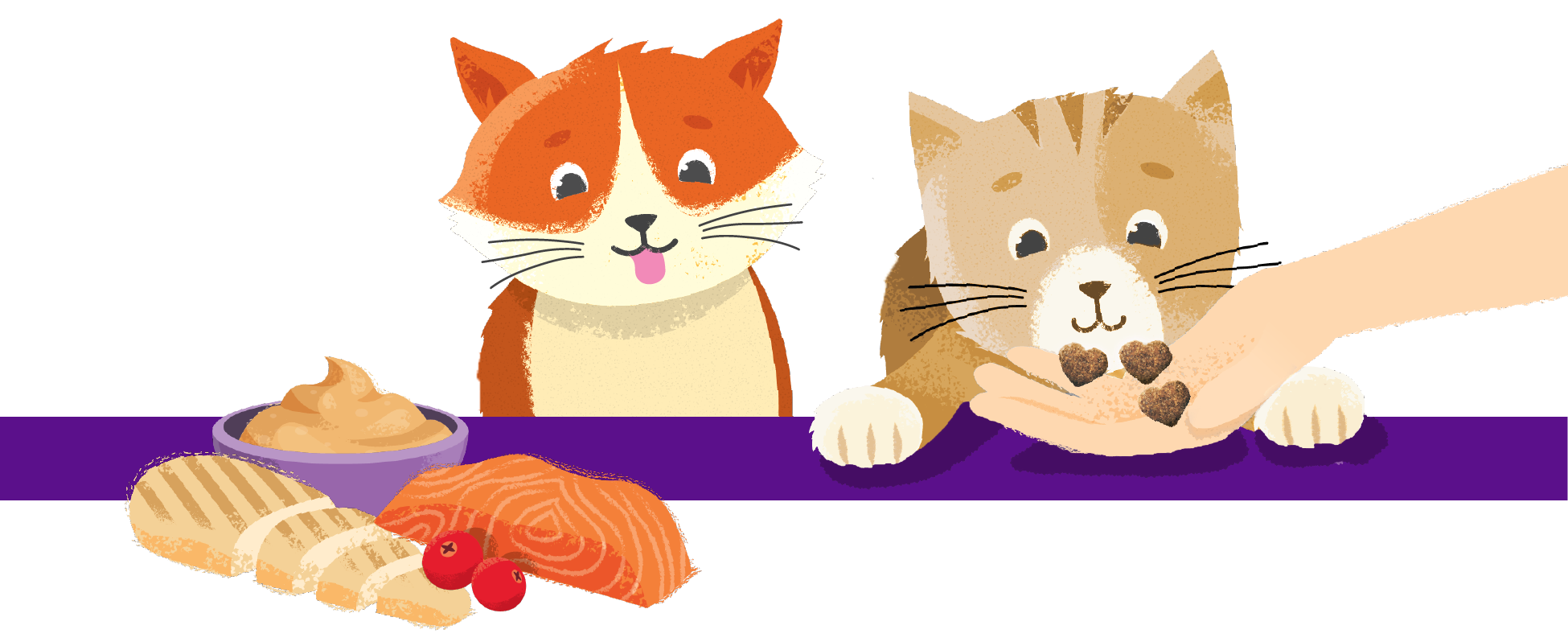 2 cartoon style cats looking at treats, cat treats, healthy cat treats, wellness pet food